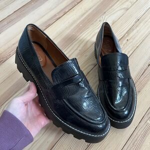 Franco Sarto Balin Black Crinkled Patent Lug Sole Penny Loafers Womens 8.5